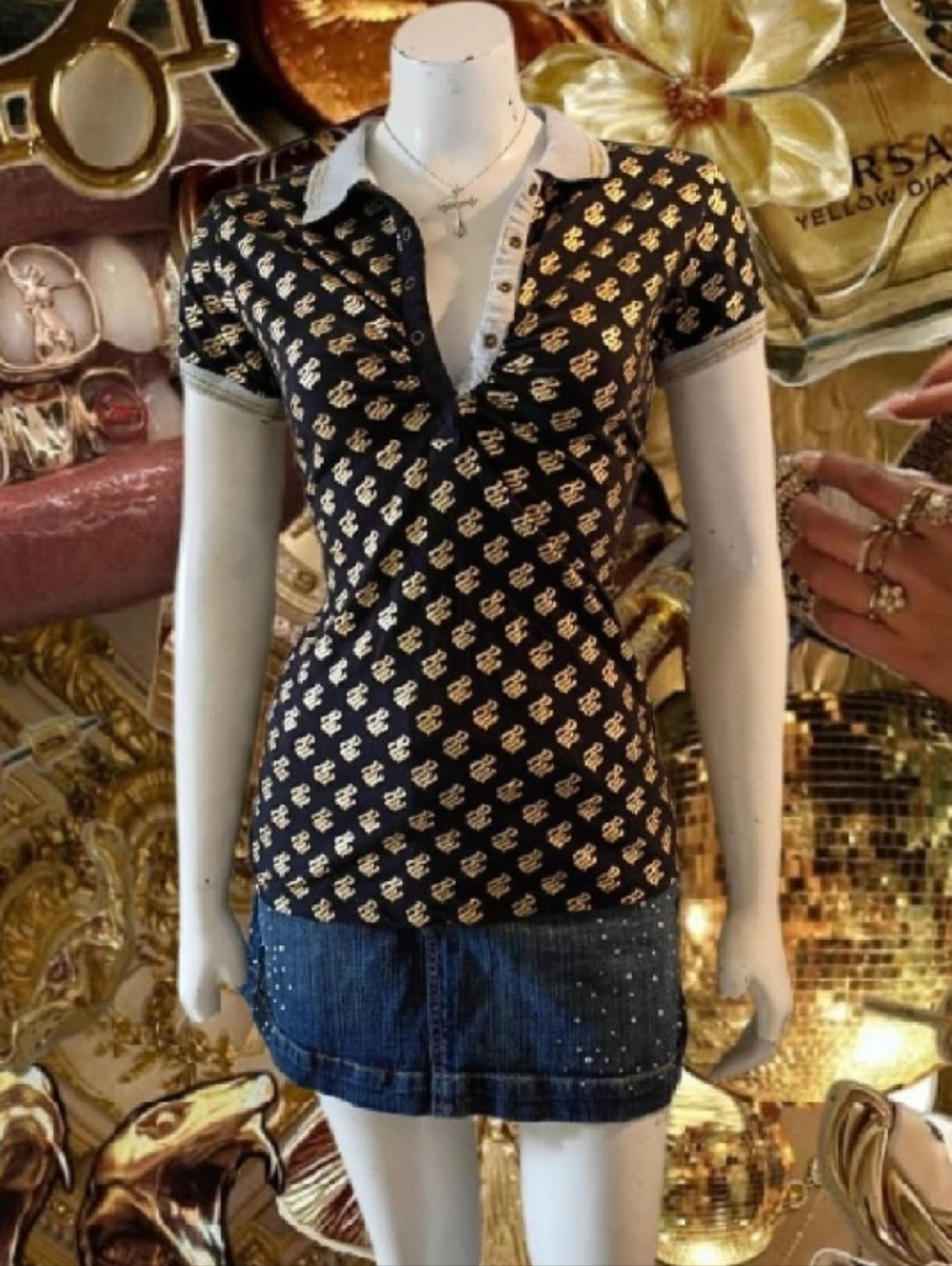 Y2K Rocawear Black Short Sleeve Polo Shirt with Gold All Over Logo Print